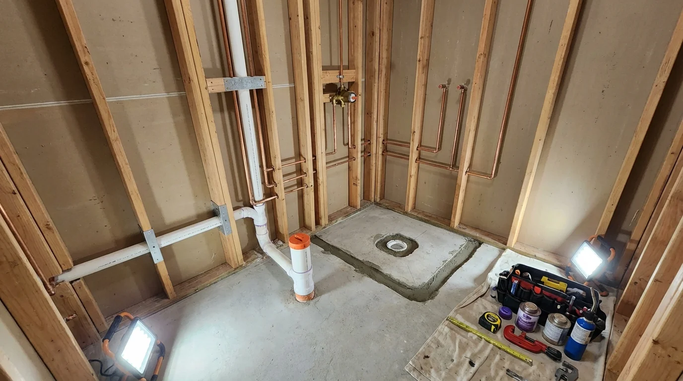 Bathroom rough-in plumbing during remodel by Johns Plumbing LLC in Schiller Park