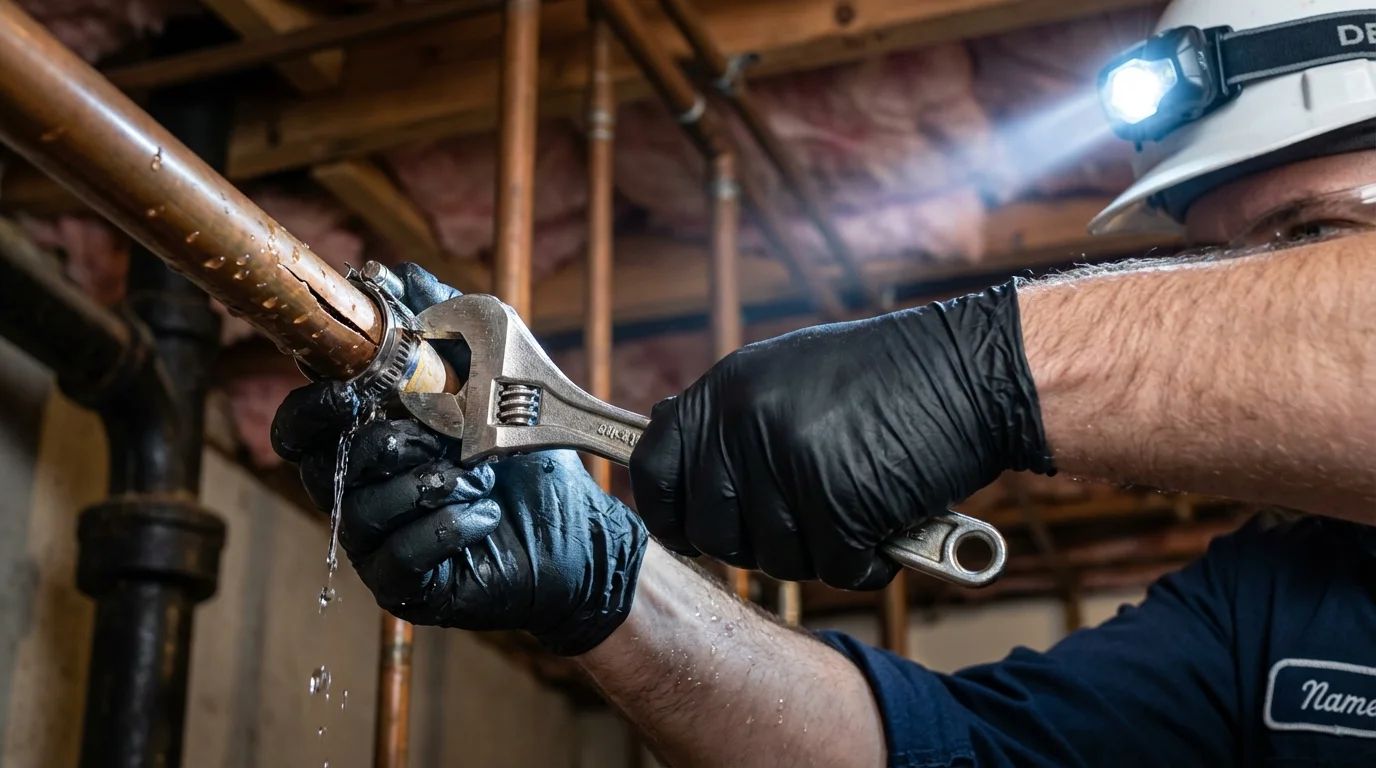 Emergency pipe clamp repair being performed by a Johns Plumbing LLC plumber in Schiller Park