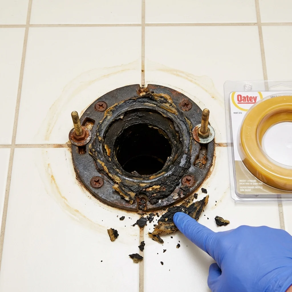 Failed wax ring showing water seepage at the base of a toilet in a Schiller Park, IL home