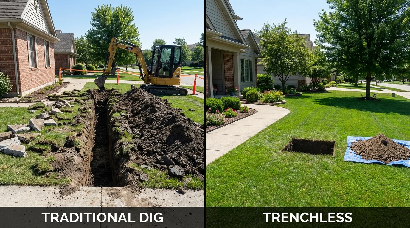 Trenchless sewer repair with minimal yard damage versus traditional excavation in Schiller Park, IL